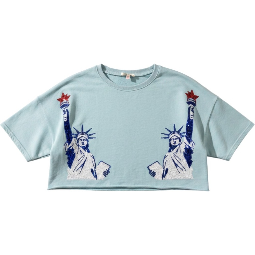 Peach Love California Statue of Liberty Sequin Sweatshirt Women S Blue Patriotic